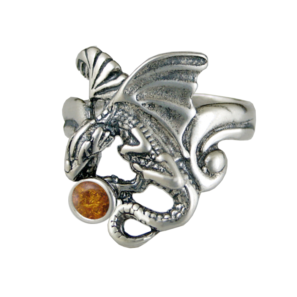 Sterling Silver Detailed Dragon Ring With Amber Size 10